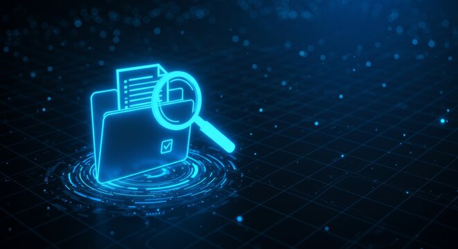 A glowing blue digital icon of a file folder, papers, and magnifying glass against a grid and abstract background