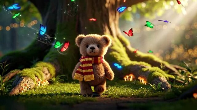 Animated teddy bear walking through a magical sunlit forest. Ideal for children's storytelling and fantasy animations.