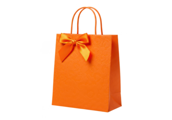 Bright orange gift bag with a satin ribbon bow isolated on transparent background