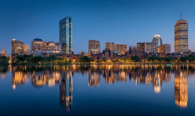 Boston skyline at dawn, reflected in water
