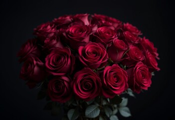A stunning close up of vibrant deep red roses bouquet on dark background