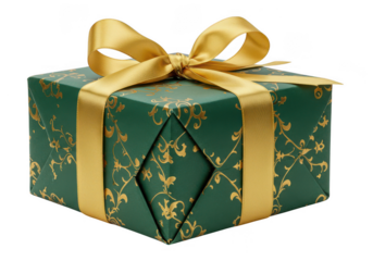 Elegant green gift box with gold swirl pattern and ribbon isolated on transparent background