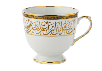 Elegant white ceramic cup with gold arabic calligraphy and trim isolated on transparent background