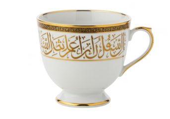 Elegant white ceramic cup with gold arabic calligraphy and trim isolated on transparent background
