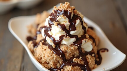 A delicious dessert topped with whipped cream and chocolate sauce on a wooden table