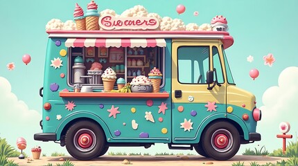 A charming pastel-colored ice cream truck decorated with stars and serving frozen treats.