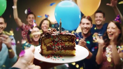 Birthday cake with chocolate layers and candles in party setting - Powered by Adobe