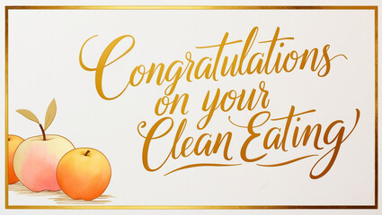 greeting card with a cream color background with golden border and pastel drawing apples and oranges on the left, Congratulations on your clean eating" written in elegant, cursive script