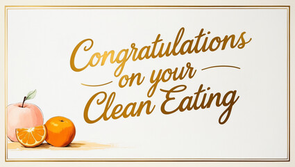 greeting card with a cream color background with golden border and pastel drawing apples and oranges on the left, Congratulations on your clean eating" written in elegant, cursive script