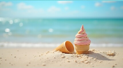 Obraz premium Pink ice cream cones on a sandy beach against a bright ocean backdrop.