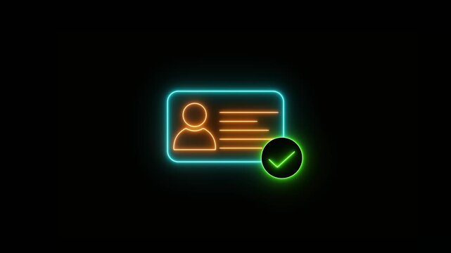 Neon Approved Id card animation. Glowing NID card verify icon motion graphics. Personal data verification video.