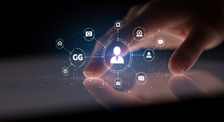 A hand interacts with a digital interface, centered on a person icon with radiating network nodes