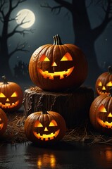 Spooky jack o lanterns glow under a full moon on halloween night
