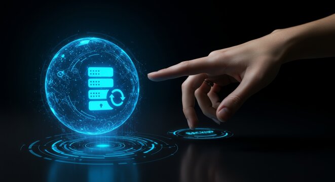 A hand interacts with a glowing blue sphere depicting data server icons with a "backup" button overlay