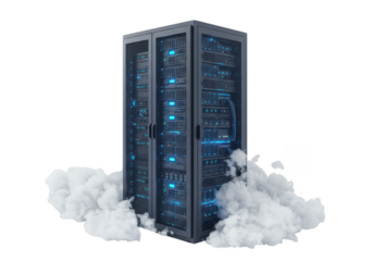 Modern server rack with glowing blue lights emerging from clouds isolated on transparent background