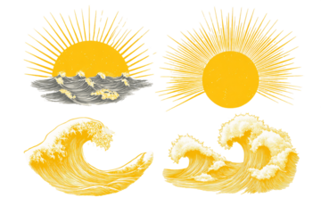 Stylized Graphic Suns and Waves in Yellow and Gray Tones on Transparent Backdrop, PNG