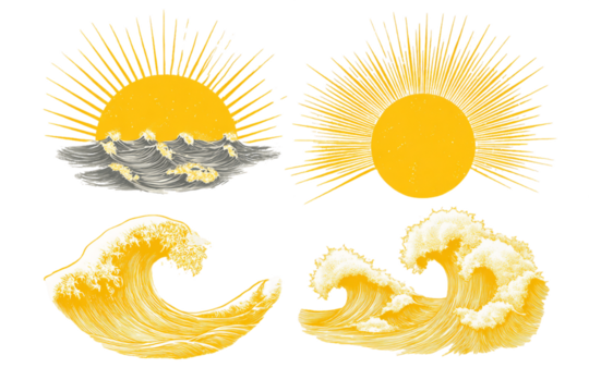 Stylized Graphic Suns and Waves in Yellow and Gray Tones on Transparent Backdrop, PNG - Powered by Adobe
