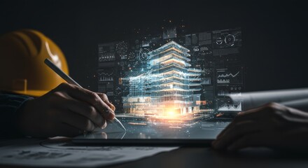 A hand uses a stylus on a tablet to design a digital skyscraper, with a hard hat, blueprints, and data visualizations