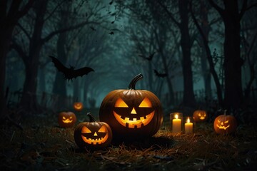 Fototapeta premium Spooky halloween night with glowing jack o lanterns and flying bats