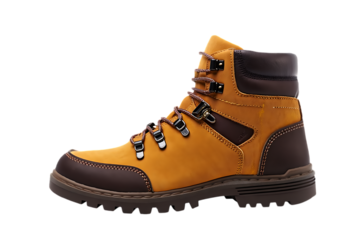 Sturdy Two-Tone Brown Leather Hiking Boot with Robust Sole and Orange Laces Isolated on Black