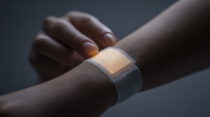 Application of nanomaterials. A person's arm features a futuristic, flexible electronic patch emitting a soft light, suggesting advanced wearable technology for health monitoring or medical use.