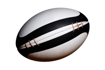 Striking black and white rugby ball with prominent lacing and a textured surface for game play