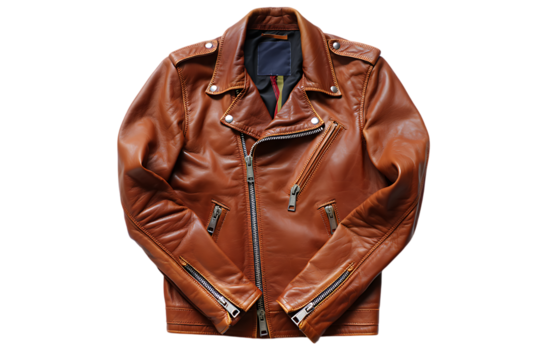 Stylish brown leather motorcycle jacket with an asymmetrical zipper and silver hardware on black