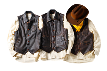 Authentic Dark Brown Leather Western Vests with Cowboy Hat and Yellow Bandana