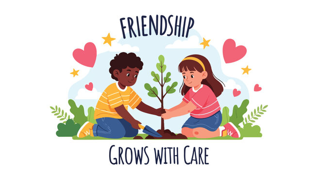 International Friendship Day illustration: Kids Planting Tree. Diverse friends showing care and growth of relationship. Concept of global unity and nurturing friendship.