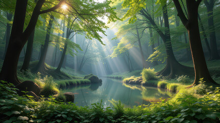 Obraz premium Serene sunlight streaming through lush trees tranquil forest pond nature scene enchanting landscape peaceful view natural beauty