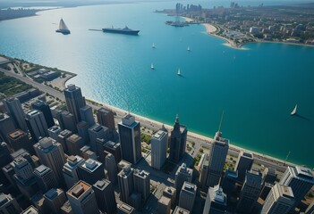 Aerial view of a coastal cityscape with modern buildings and sailboats on blue water stretching to