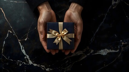 hands holding a gift box on black marble background. Top view.