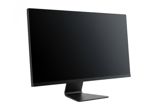 Modern sleek black computer monitor with a minimalist stand isolated on transparent background