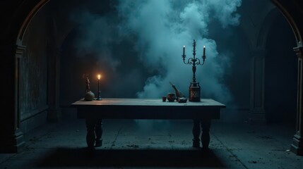 Mysterious Antique Table Setting in a Dark Hallway with Lit Candles and Enigmatic Objects