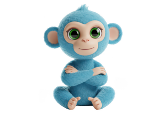 Cute fluffy blue baby monkey with big green eyes sitting with crossed arms isolated on transparent background