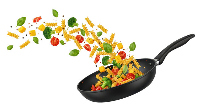 Cooking pasta with vegetables falling into frying pan on white background
