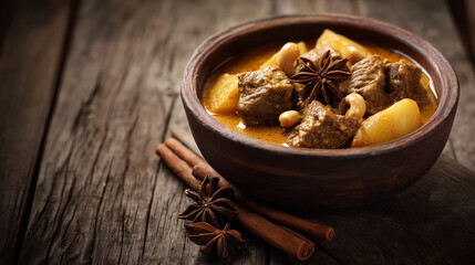 Fototapeta premium A shallow handmade ceramic bowl filled with rich, golden Massaman curry--chunky pieces of beef, potato, Star anis and Cinnamon placed on a raw wooden surface