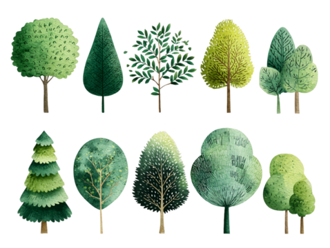 Ten Varied Watercolor Trees in Diverse Green Shades on Transparent Background Illustration for Natural Designs and Forest Themes, PNG