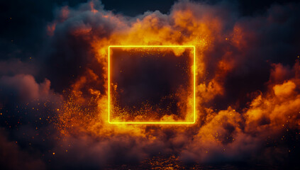A surreal, abstract cloud glowing in vibrant neon light creates a perfect square shape against a deep, dark gradient background.