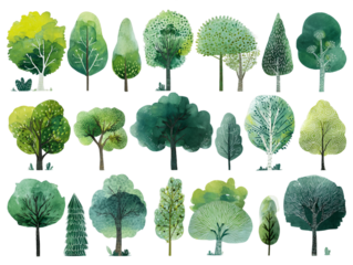 Stylized Watercolor Tree Illustrations in Various Green Hues on a Transparent Background for Design Element, PNG