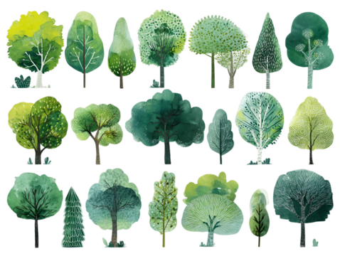 Stylized Watercolor Tree Illustrations in Various Green Hues on a Transparent Background for Design Element, PNG