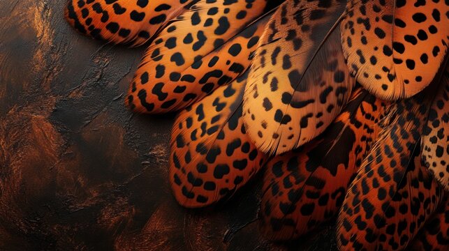 Close-up of several orange and brown patterned feathers arranged on a dark textured background