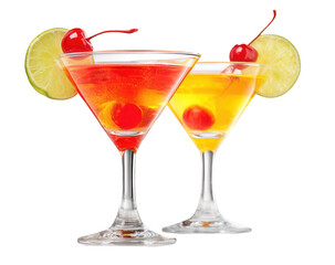 Two colorful cocktails with cherries and lime