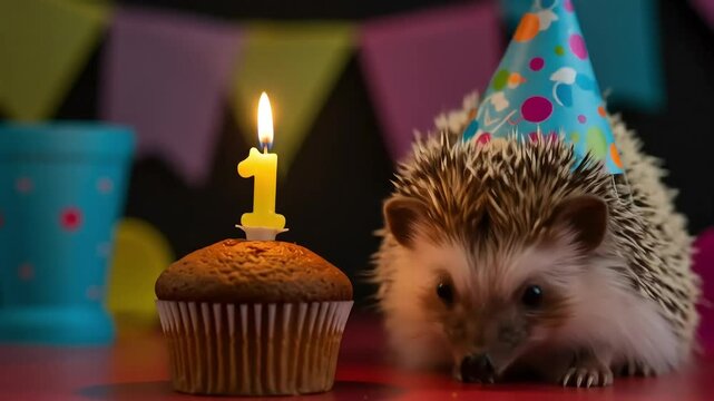 Adorable Hedgehog Celebrates First Birthday with Cupcake and Candle