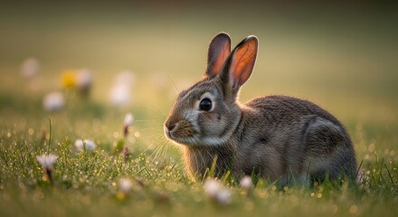 Fototapeta premium Cute Young Rabbit in Dew-Kissed Grass at Sunrise