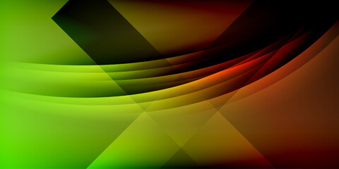 Abstract design features vibrant gradients, flowing shapes, geometric forms. Dark background contrasts bright colors, creating dynamic visual effect.