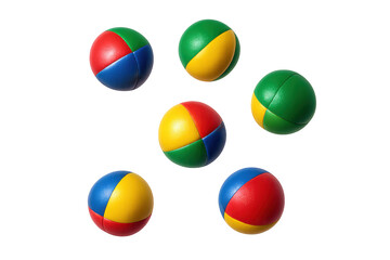 Multicolored juggling balls suspended against translucent surface, highlighting performance skill and playful entertainment concept