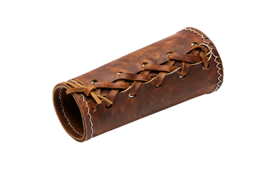 Rustic brown leather armguard with decorative crisscross lacing and white stitching