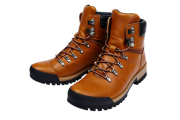 Sturdy brown leather hiking boots with metal D-ring eyelets and robust black rubber soles