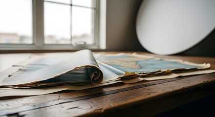 Vintage World Map on Wooden Table by Window